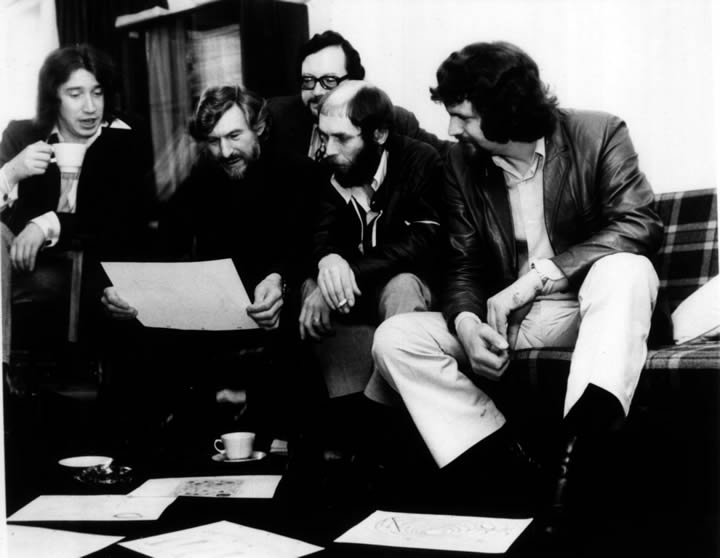 Jack Stokes and part of his team at TVC around 1965. Left to right: Peter Sander (character design, Beatles series), Stokes, Ray Goodman (in the rear with glasses, music composer) Arthur Button (animator), Mike Stuart (animator).